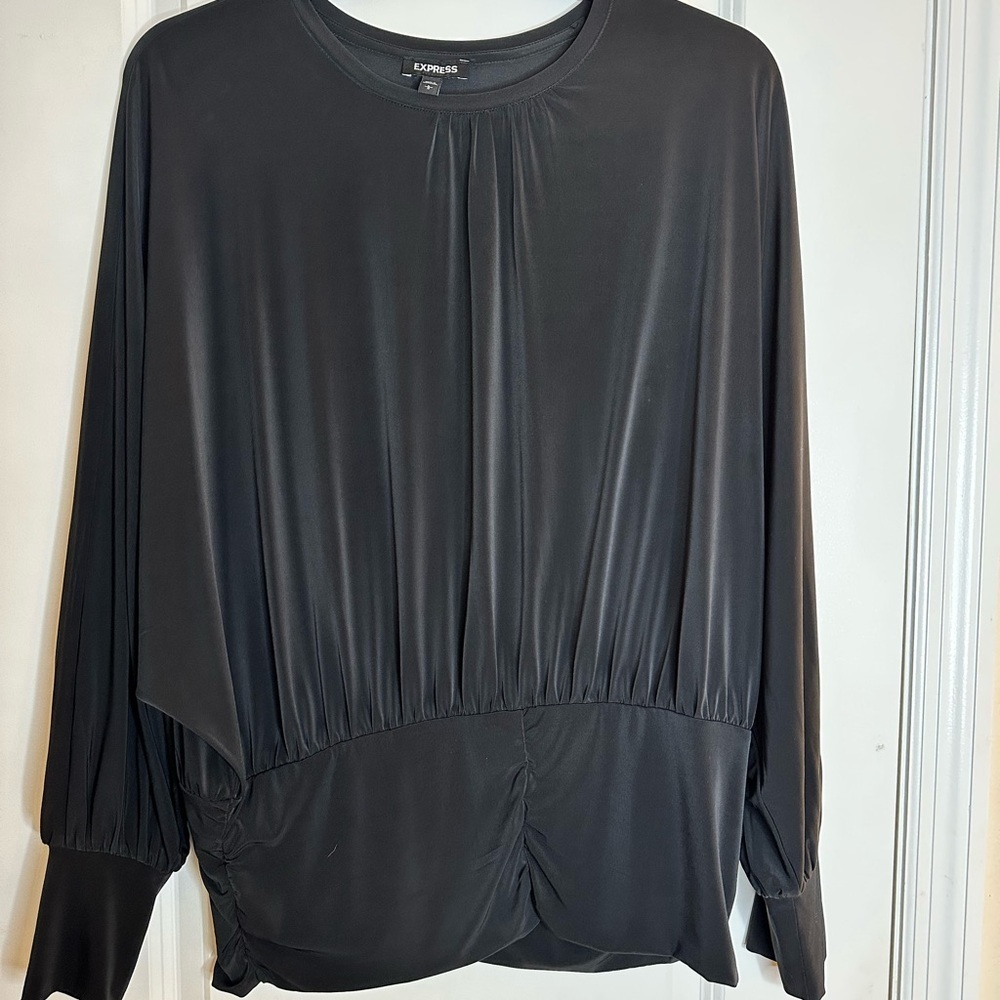 NWOT Express Black Ruched Waist Blouse Elegant Draped Top Size L - Picture 2 of 9